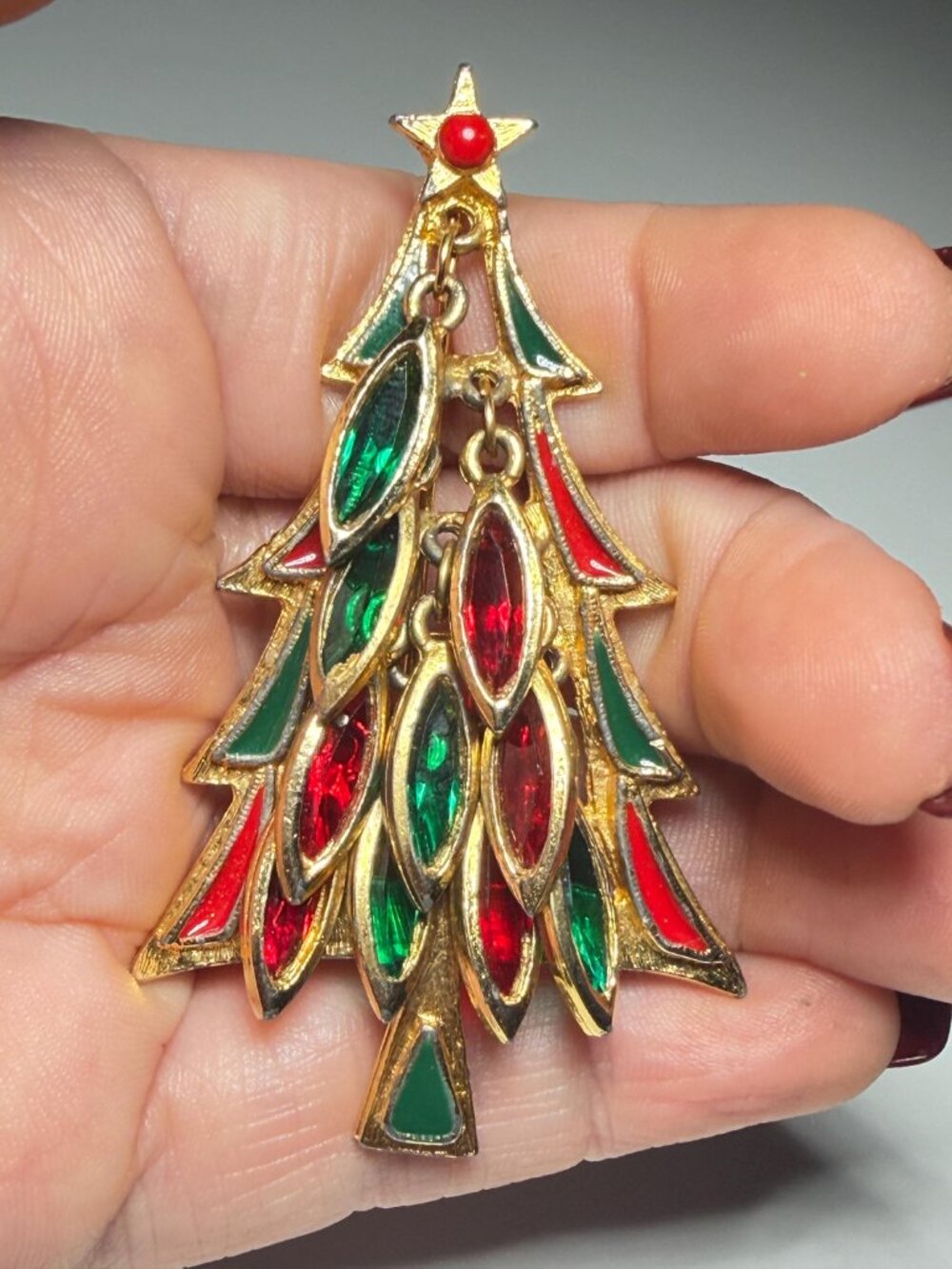 Vintage Tancer II Christmas Tree Brooch Red Green Dangle Navette Rhinestones